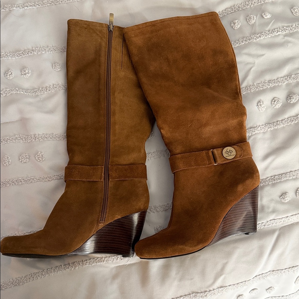 BCBG Tan Suede Wedge Boots
